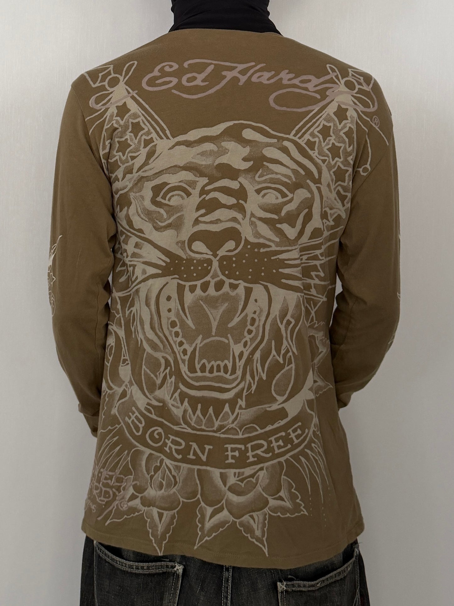 Ed Hardy Green V-Neck Sequin Long Sleeve Shirt Size L