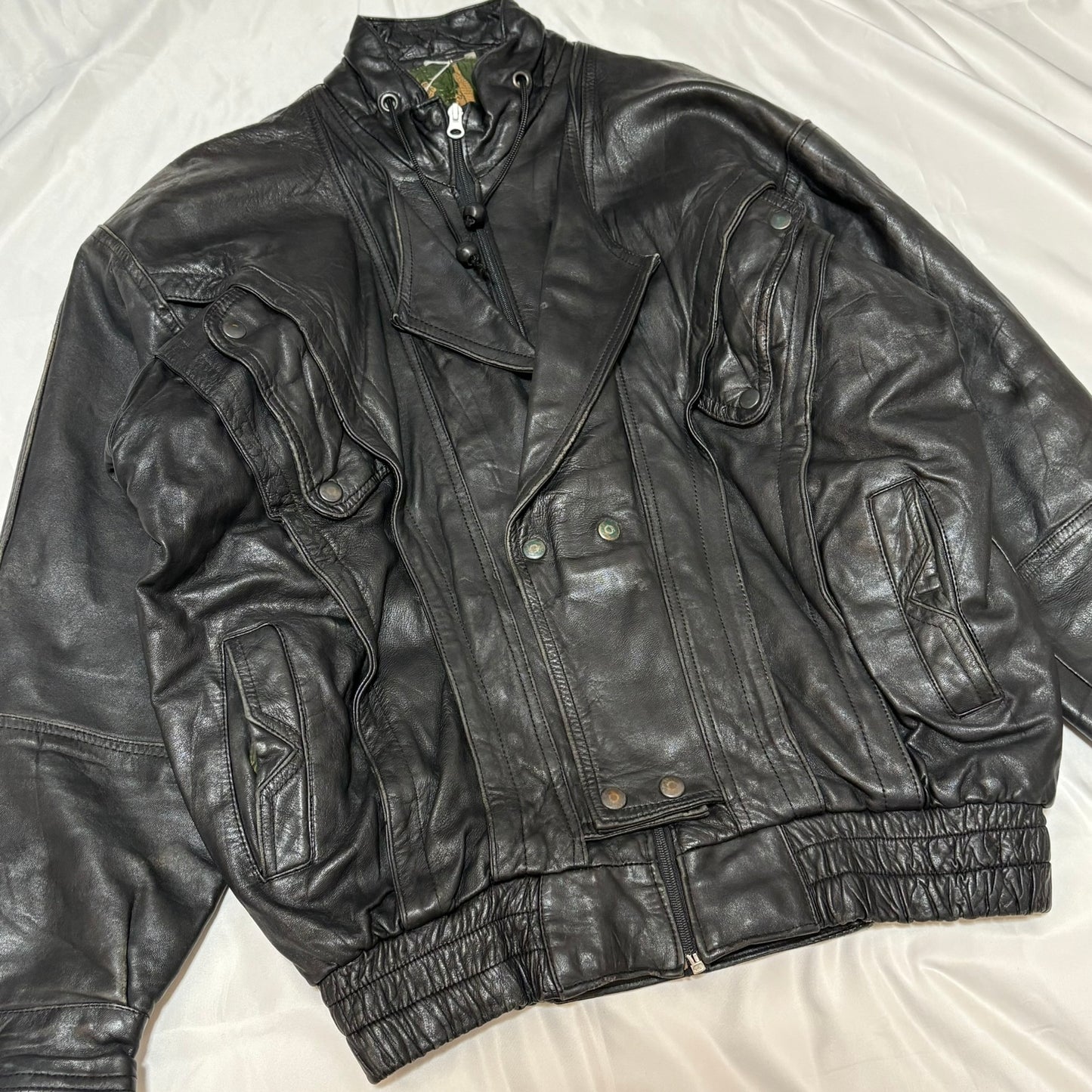 Black Mulch Pattern Lining Double Leather Jacket Free Size
