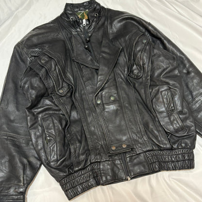 Black Mulch Pattern Lining Double Leather Jacket Free Size