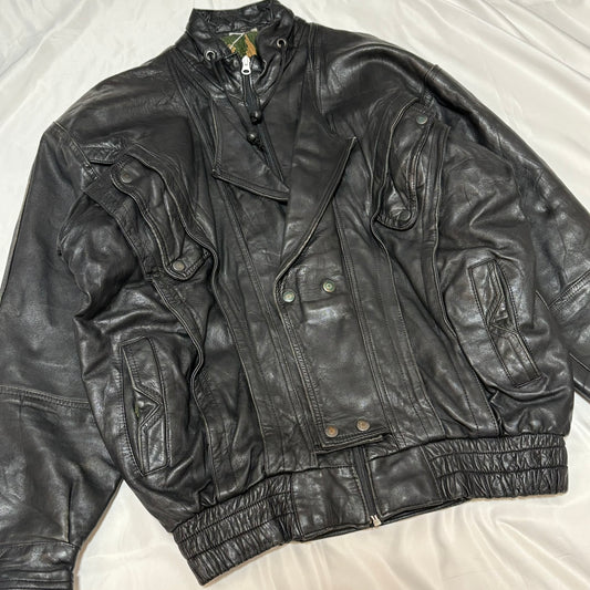 Black Mulch Pattern Lining Double Leather Jacket Free Size