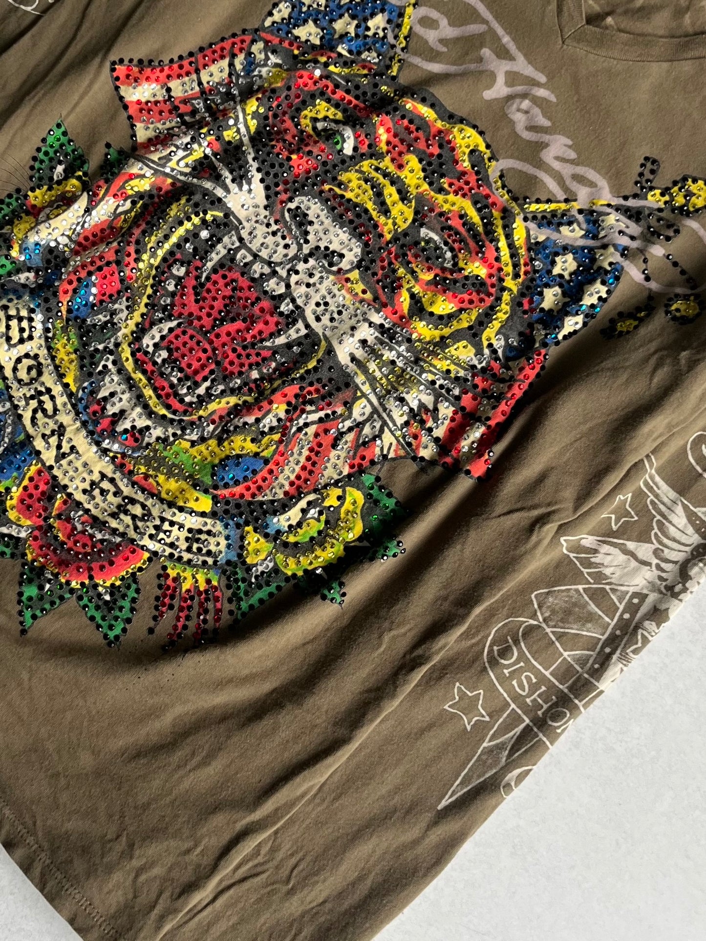 Ed Hardy Green V-Neck Sequin Long Sleeve Shirt Size L