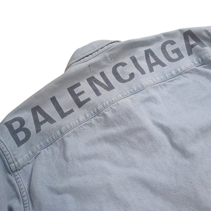 BALENCIAGA Logo Printed Washed Denim Shirt Blue Size 32