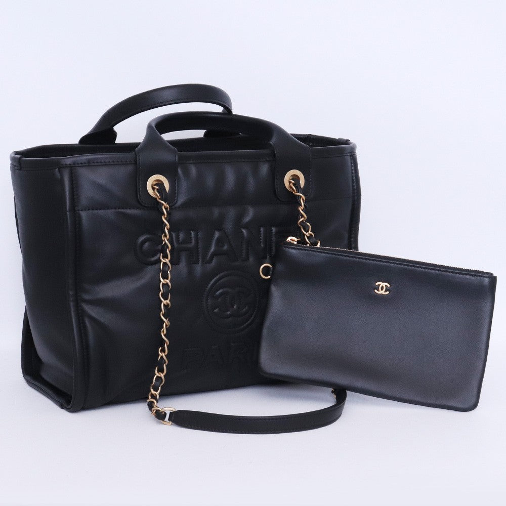 CHANEL Deauville Lambskin 2-Way Tote Bag Black Size F