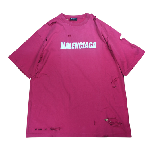 BALENCIAGA Logo Printed Destroyed T-Shirt Red Size S