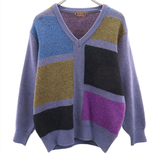 YVES SAINT LAURENT 80s Navy V-Neck Wool Sweater Size M