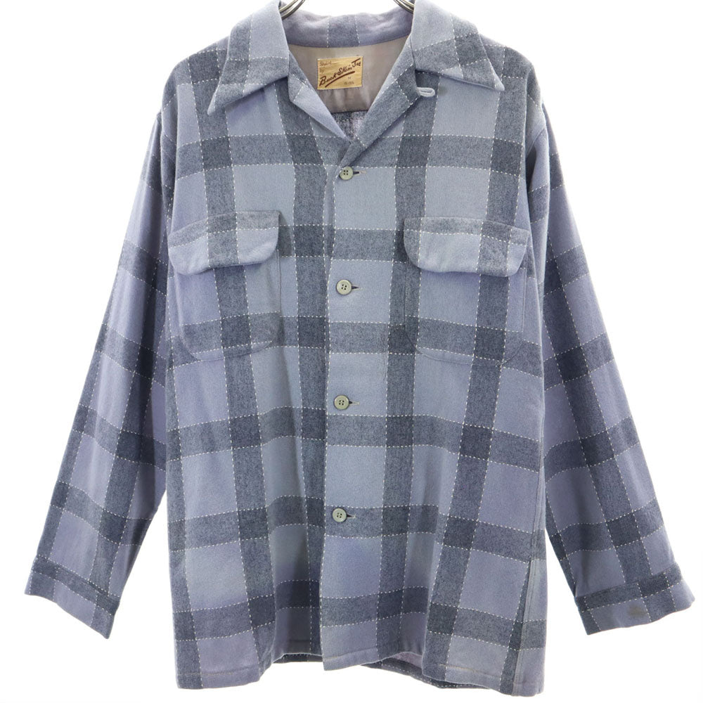 VINTAGE 50s Check Open Collar Long Sleeve Shirt Gray Size M
