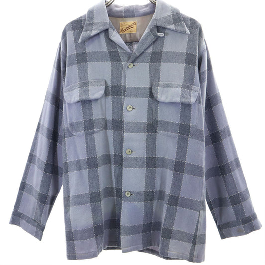 VINTAGE 50s Check Open Collar Long Sleeve Shirt Gray Size M