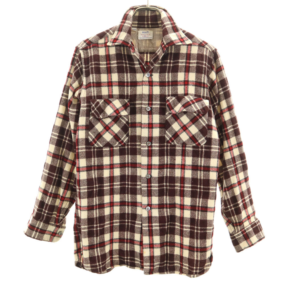 Sears 60s Vintage Plaid Open Collar Wool Shirt Brown Size S