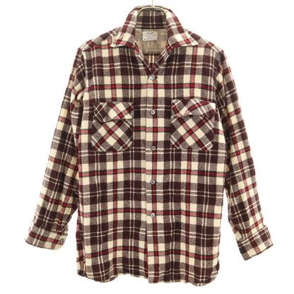 Sears 60s Vintage Plaid Open Collar Wool Shirt Brown Size S