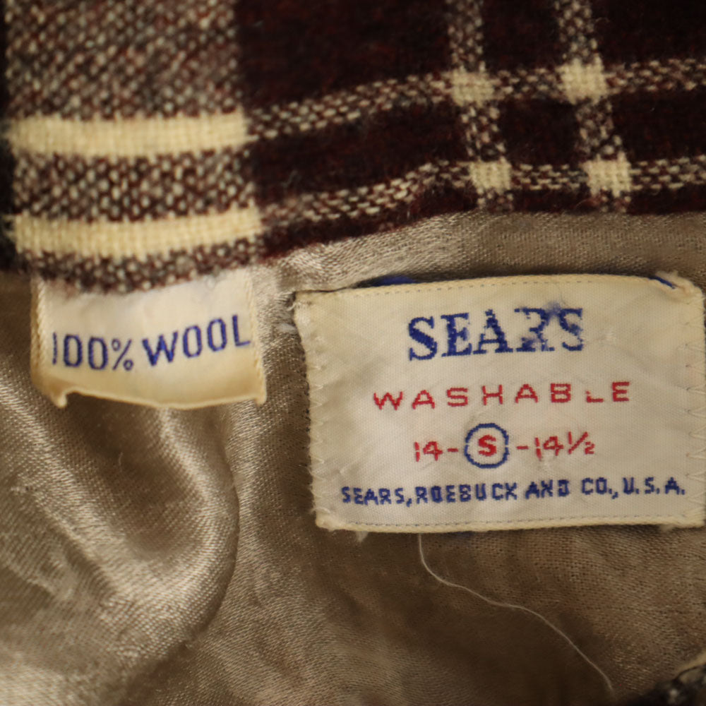 Sears 60s Vintage Plaid Open Collar Wool Shirt Brown Size S