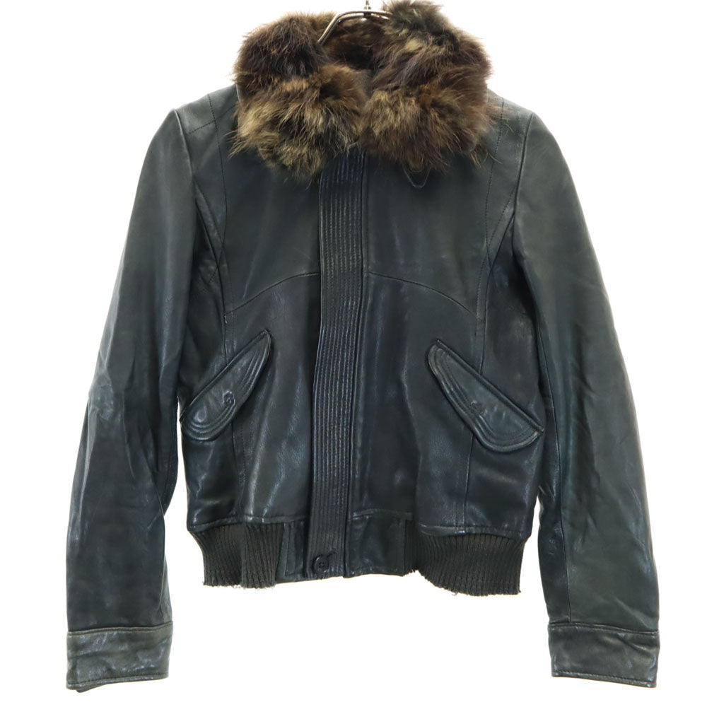 pas de calais Raccoon Fur Trim Leather Dark Green Jacket Size 38