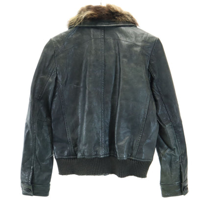 pas de calais Raccoon Fur Trim Leather Dark Green Jacket Size 38