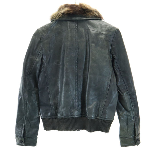 pas de calais Raccoon Fur Trim Leather Dark Green Jacket Size 38