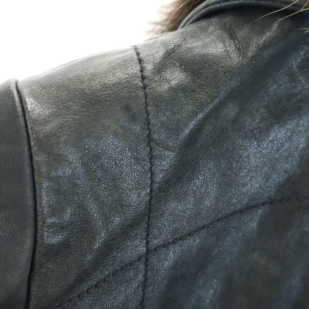 pas de calais Raccoon Fur Trim Leather Dark Green Jacket Size 38