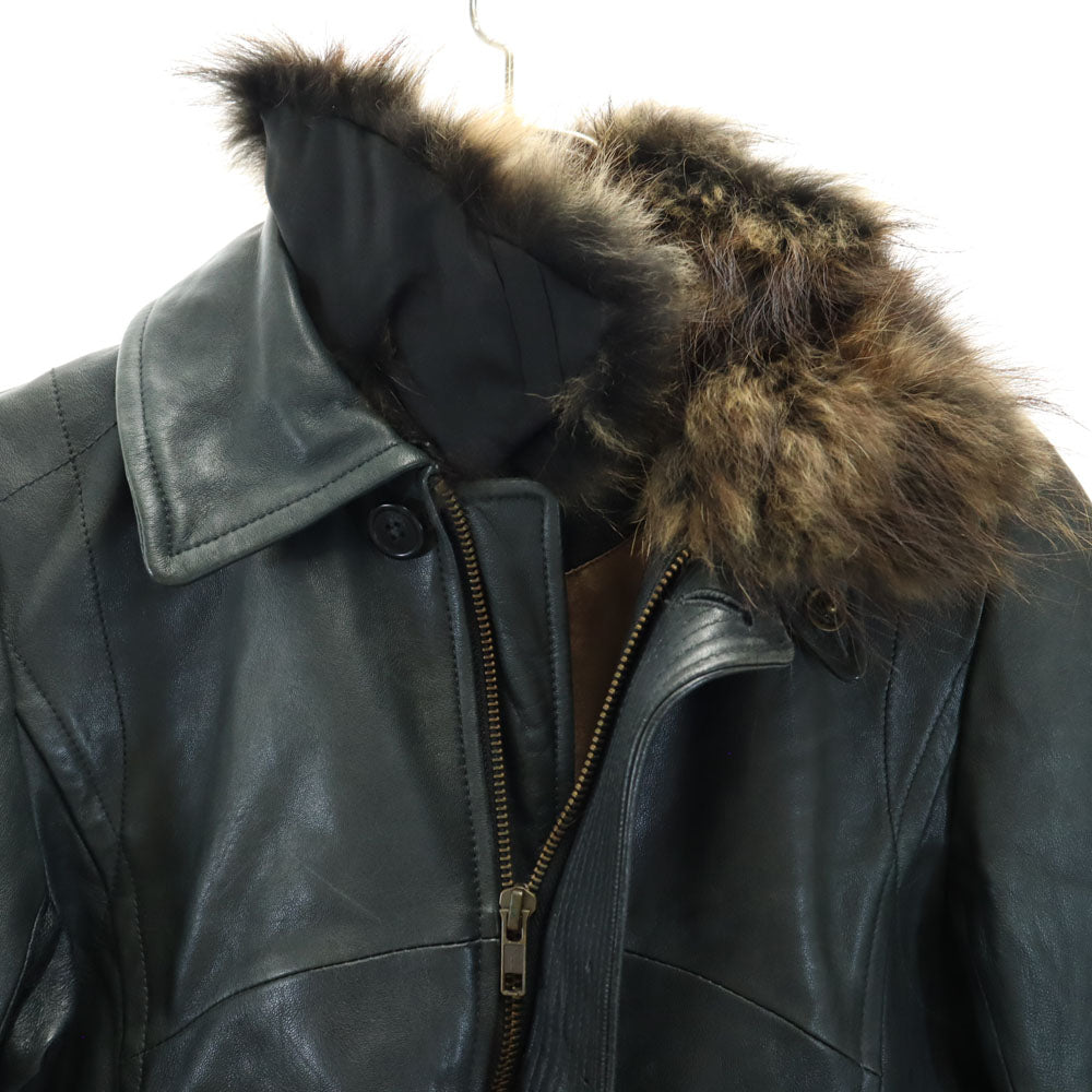 pas de calais Raccoon Fur Trim Leather Dark Green Jacket Size 38