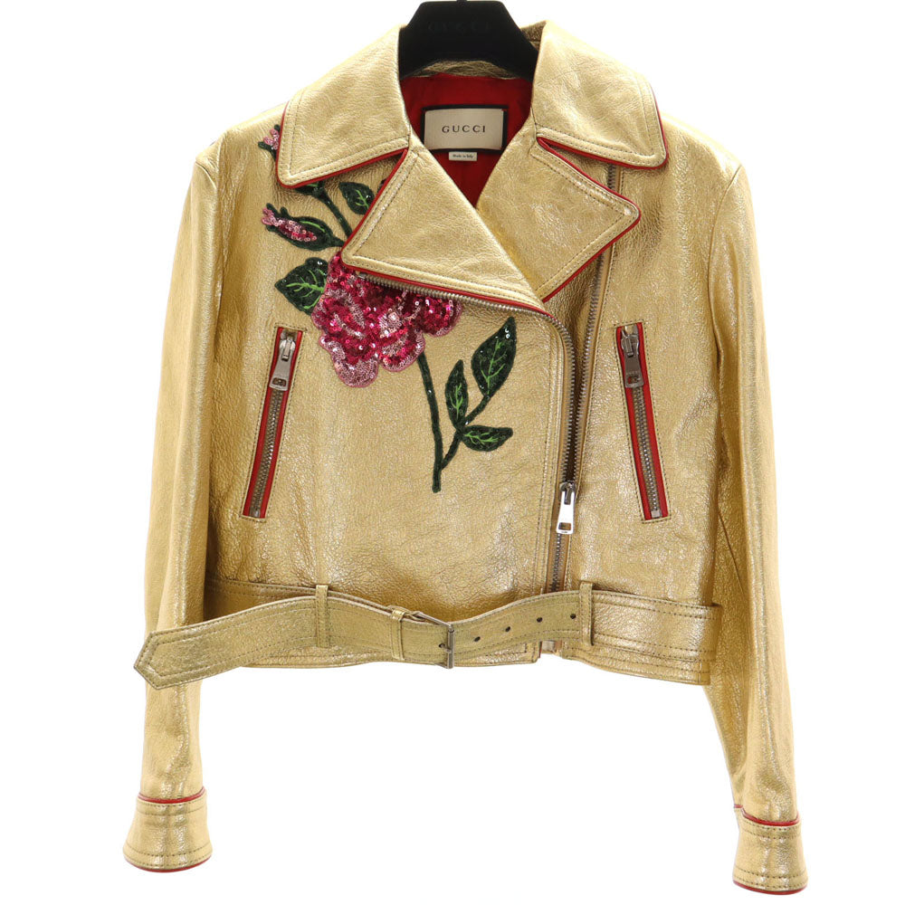 GUCCI Gold Sequin Goat Leather Double Riders Jacket Size 36
