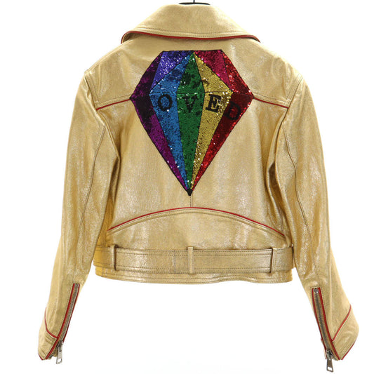 GUCCI Gold Sequin Goat Leather Double Riders Jacket Size 36
