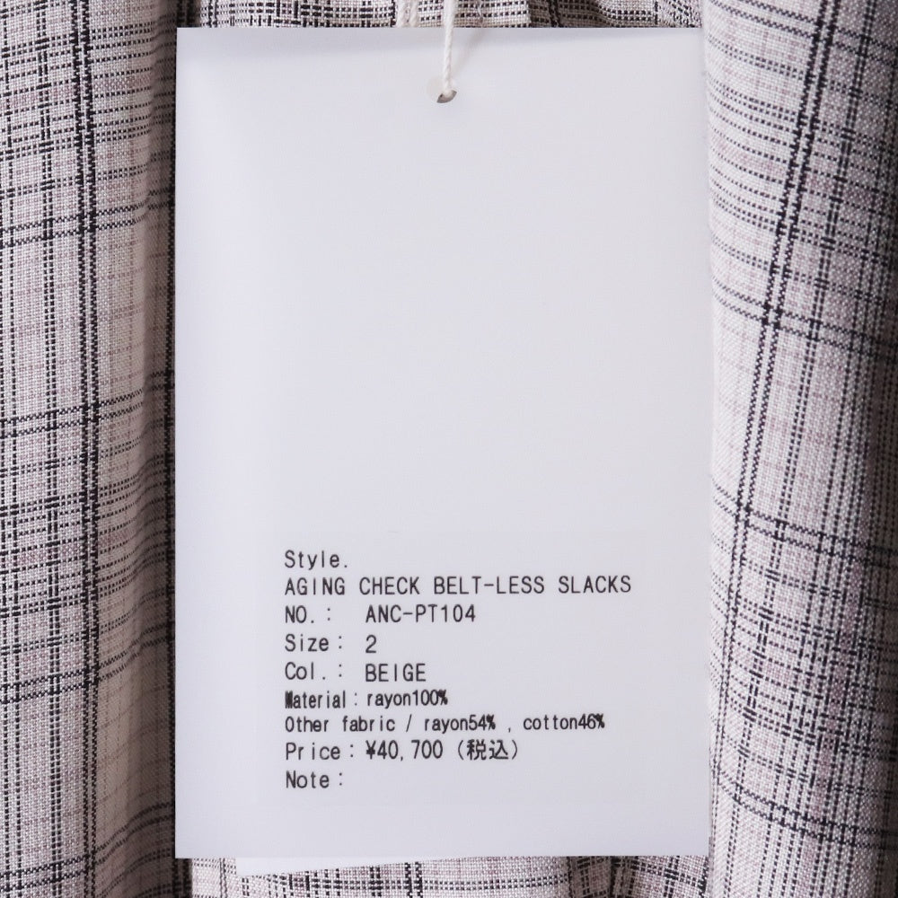 ANCELLM 26SS Aging Check Belt-Less Slacks Beige Size 2
