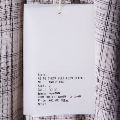 ANCELLM 26SS Aging Check Belt-Less Slacks Beige Size 2
