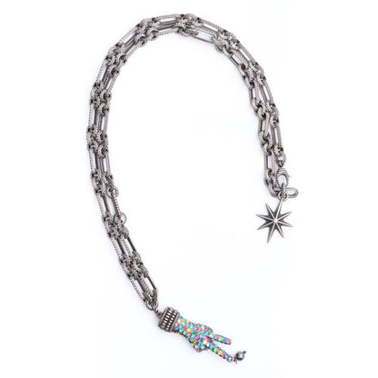 GUCCI Rhinestone Peace Motif Necklace Silver Size F
