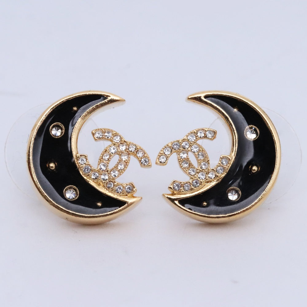 Chanel Coco Mark Moon Rhinestone Gold Black Earrings Size F