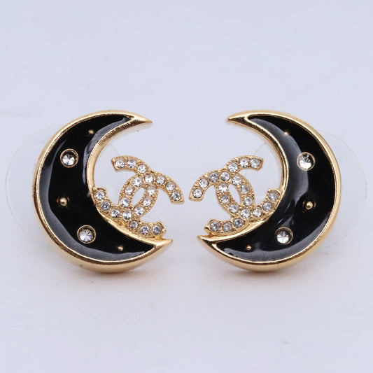 Chanel Coco Mark Moon Rhinestone Gold Black Earrings Size F
