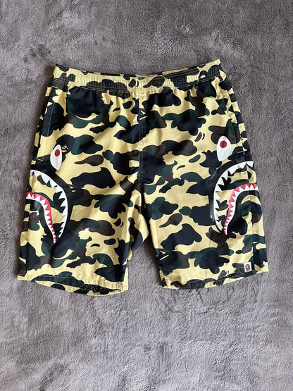 Vintage Bape Bottoms - A Bathing Ape Camo Side Shark Beach Shorts - Authentic Archive