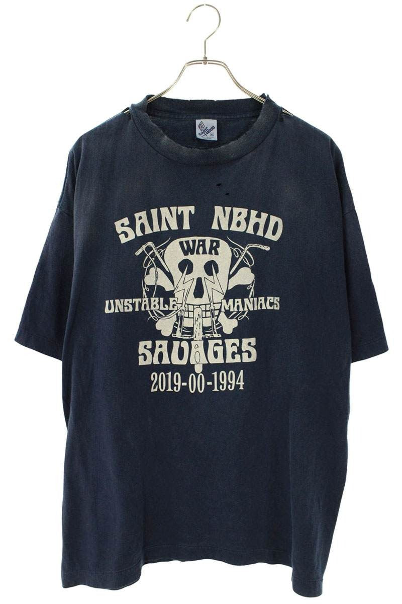 Vintage Saint Michael Tops - SAINT MICHAEL NEIGHBORHOOD Distressed Skull Printed T-Shirt Navy Size XL - Authentic Archive