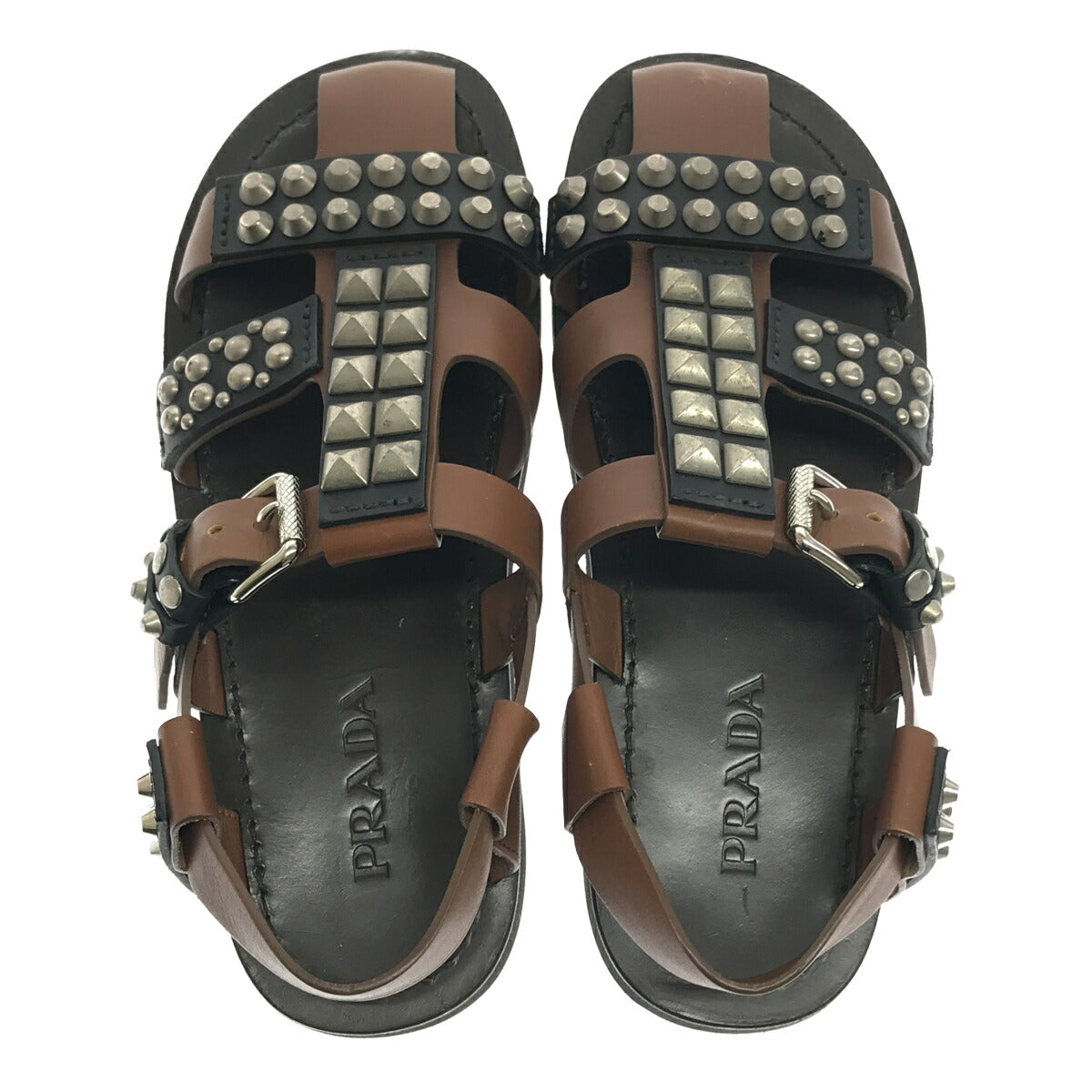 PRADA 18SS Studded Calfskin Leather Sandals Brown Size 10