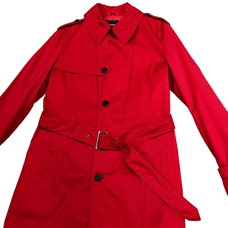 Emporio Armani Red Cotton Nylon Belted Trench Coat Size 48