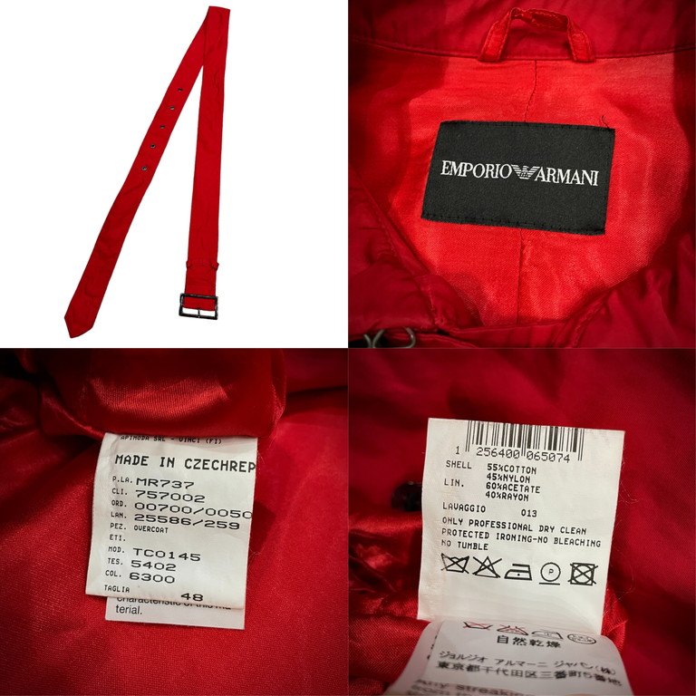 Emporio Armani Red Cotton Nylon Belted Trench Coat Size 48