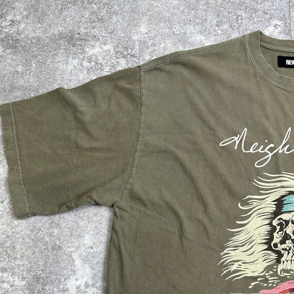 NEIGHBORHOOD Olive Savage Skull Motif T-Shirt Size L