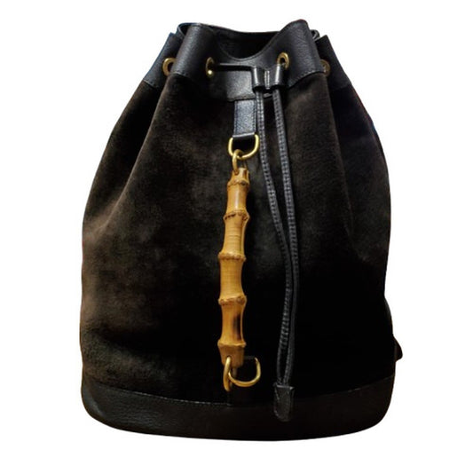 GUCCI Bamboo Suede Drawstring Backpack Black Size ONE SIZE