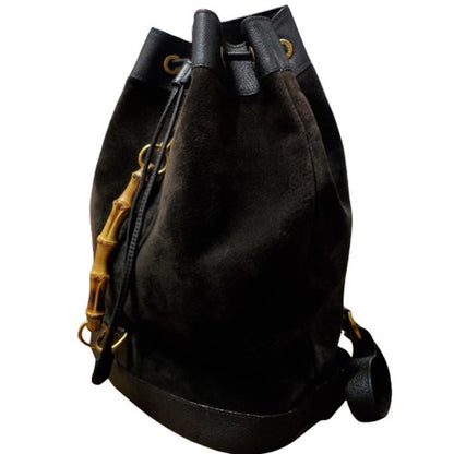 GUCCI Bamboo Suede Drawstring Backpack Black Size ONE SIZE