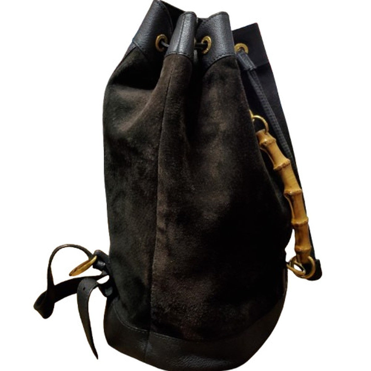 GUCCI Bamboo Suede Drawstring Backpack Black Size ONE SIZE