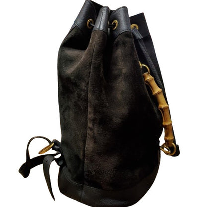 GUCCI Bamboo Suede Drawstring Backpack Black Size ONE SIZE