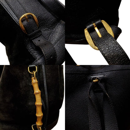 GUCCI Bamboo Suede Drawstring Backpack Black Size ONE SIZE