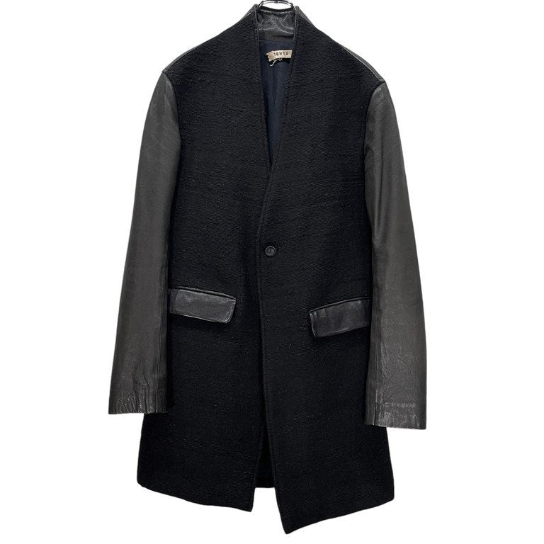 LENTRIAN Wool Tweed Lamb Leather Sleeve Coat Black Size S