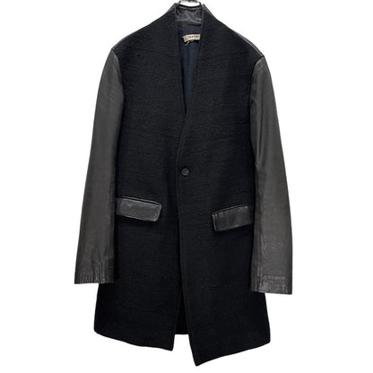 LENTRIAN Wool Tweed Lamb Leather Sleeve Coat Black Size S