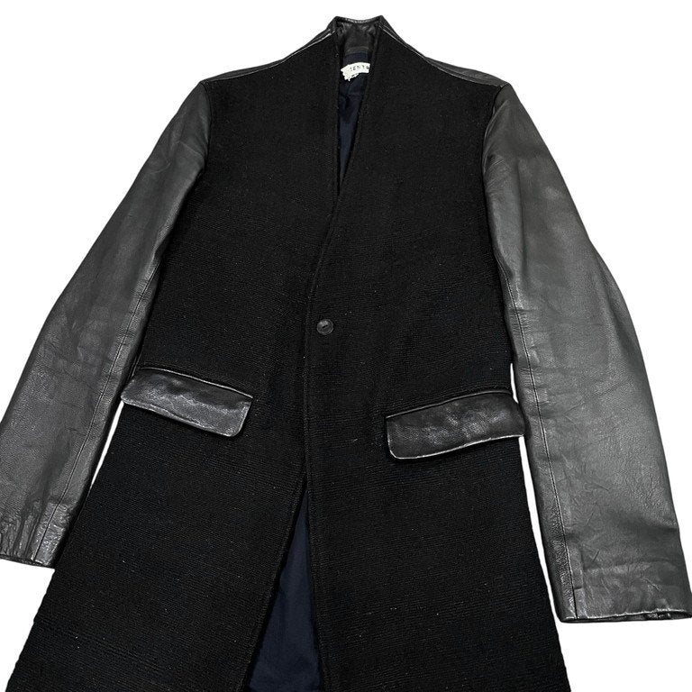 LENTRIAN Wool Tweed Lamb Leather Sleeve Coat Black Size S