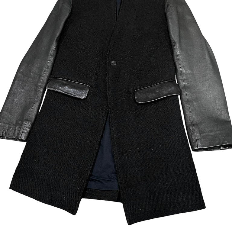 LENTRIAN Wool Tweed Lamb Leather Sleeve Coat Black Size S