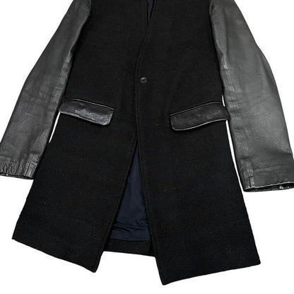 LENTRIAN Wool Tweed Lamb Leather Sleeve Coat Black Size S