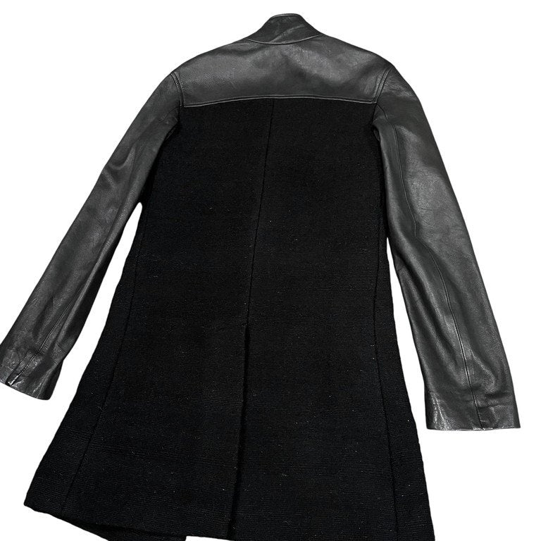 LENTRIAN Wool Tweed Lamb Leather Sleeve Coat Black Size S