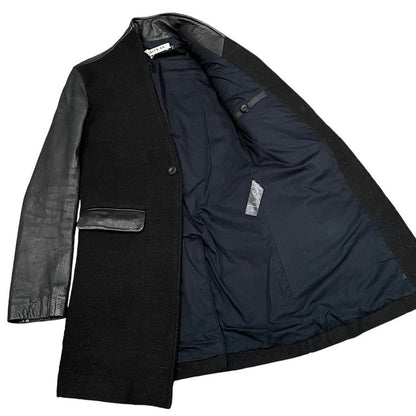 LENTRIAN Wool Tweed Lamb Leather Sleeve Coat Black Size S