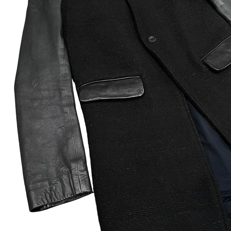 LENTRIAN Wool Tweed Lamb Leather Sleeve Coat Black Size S