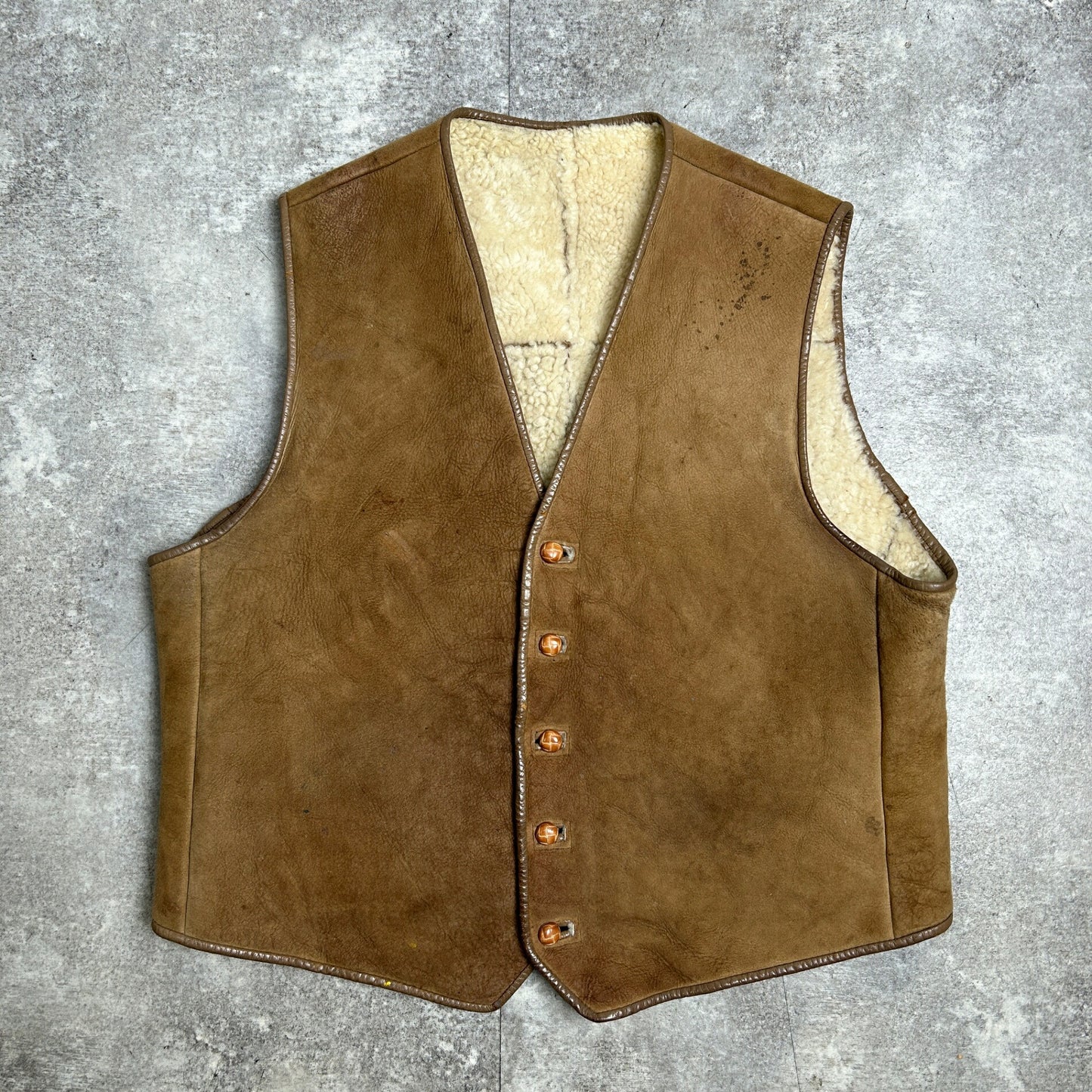 Vintage Brown Shearling Leather Vest Walnut Buttons Size L