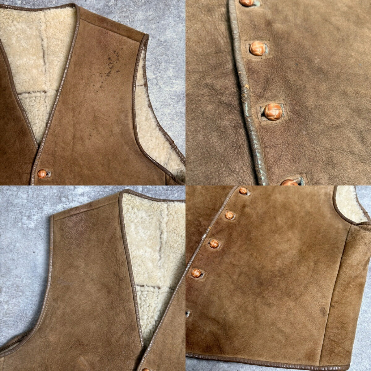 Vintage Brown Shearling Leather Vest Walnut Buttons Size L