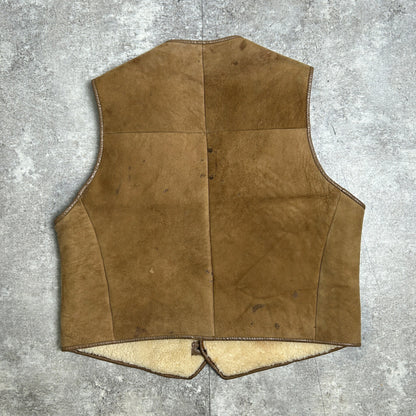 Vintage Brown Shearling Leather Vest Walnut Buttons Size L