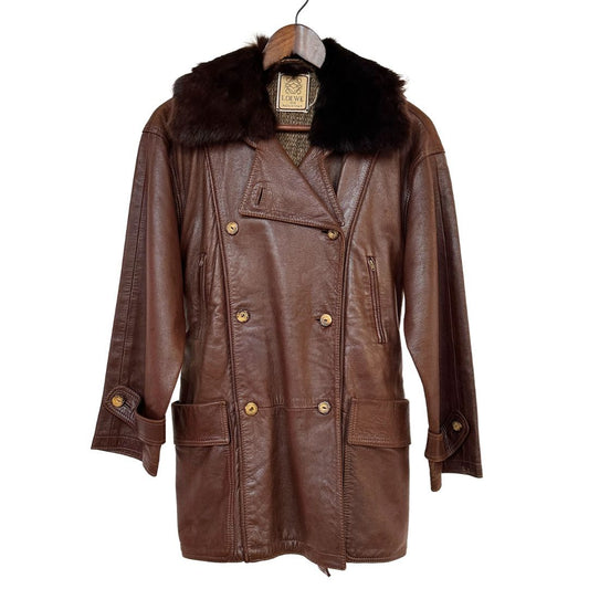 LOEWE Brown Vintage Leather Jacket Spain Fur Collar Size 40