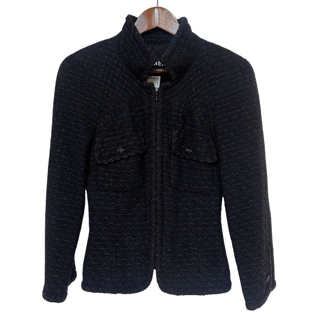 Chanel 06C Black Tweed Zip Jacket Coco Mark Size XS
